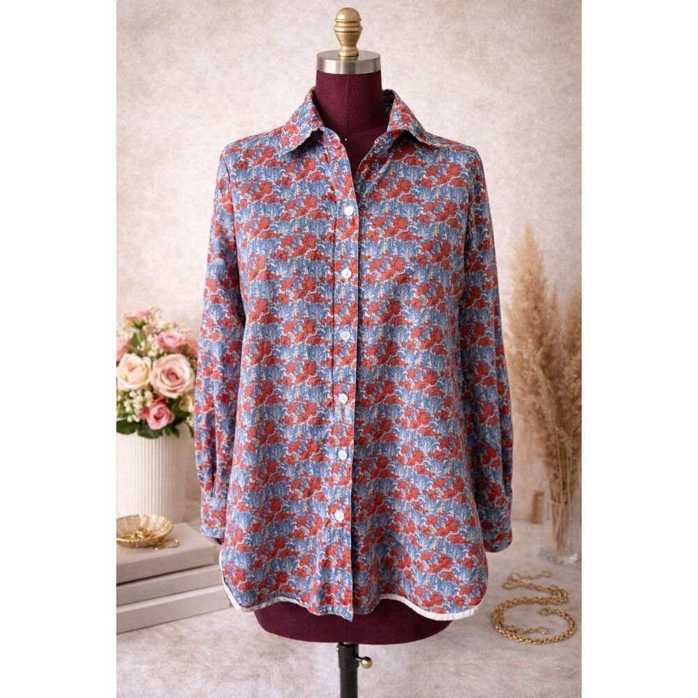TISH‎ COX Blouse Button Down Preppy Shirt Floral Red Blue size L